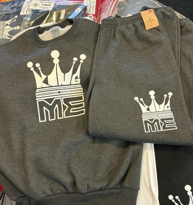 2 Pc "King Me" Grey Sweat Outfit